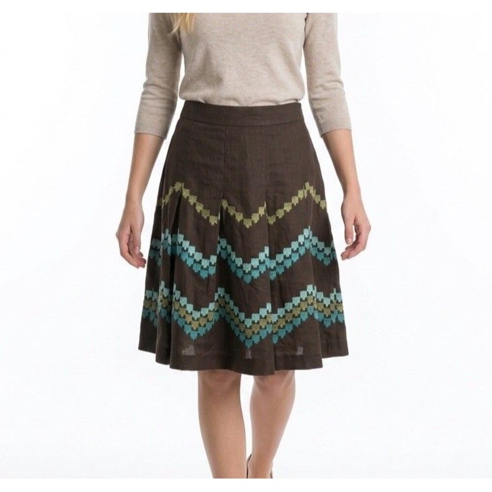 Ann Taylor LOFT Women Brown Linen Pleat Skirt Embroidered Pattern Size 2P Linen